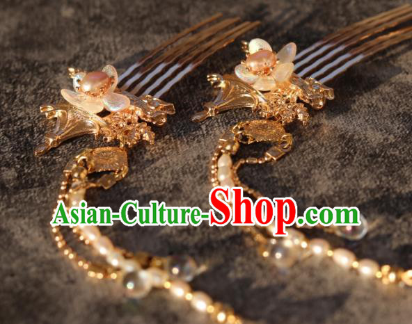 China Classical Hanfu Golden Hairpin Traditional Ming Dynasty Princess Pearls Tassel Hair Combs