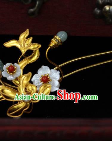 China Classical Hanfu Jade Tassel Hairpin Traditional Ming Dynasty Princess Golden Orchid Hair Stick