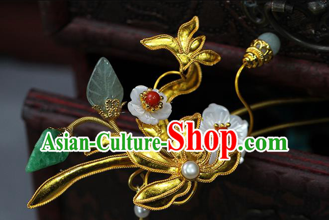 China Classical Hanfu Jade Tassel Hairpin Traditional Ming Dynasty Princess Golden Orchid Hair Stick