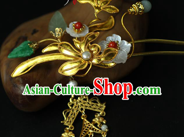 China Classical Hanfu Jade Tassel Hairpin Traditional Ming Dynasty Princess Golden Orchid Hair Stick