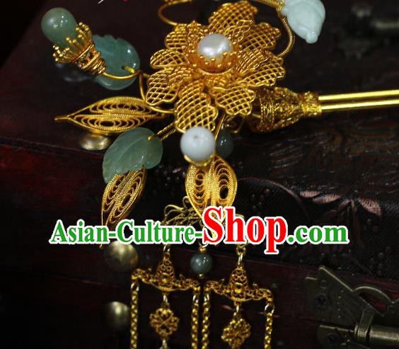 China Classical Filigree Flower Hairpin Traditional Qing Dynasty Empress Golden Tassel Hair Stick