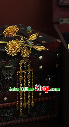 China Traditional Qing Dynasty Empress Golden Tassel Hair Stick Classical Filigree Peony Hairpin
