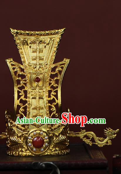 China Ancient Emperor Pearls Hair Accessories Traditional Han Dynasty King Golden Hairdo Crown and Hairpin