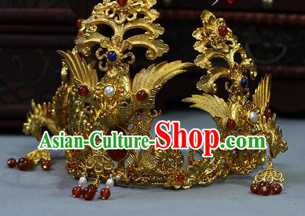 China Traditional Ming Dynasty Empress Gems Phoenix Crown Ancient Noble Woman Golden Hairpin