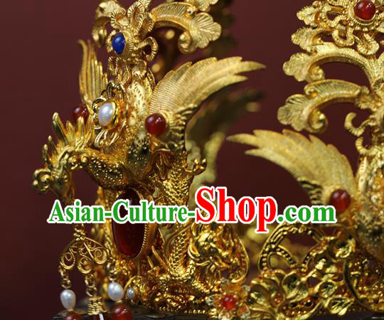 China Traditional Ming Dynasty Empress Gems Phoenix Crown Ancient Noble Woman Golden Hairpin