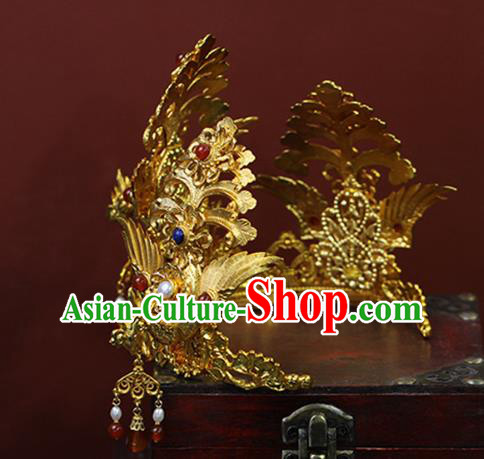 China Traditional Ming Dynasty Empress Gems Phoenix Crown Ancient Noble Woman Golden Hairpin