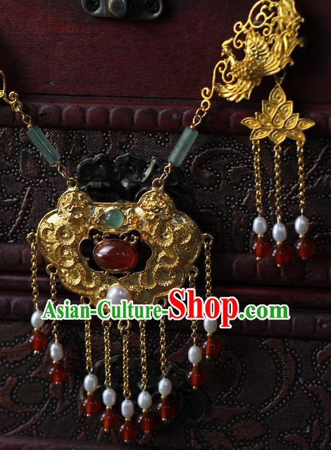 Chinese Traditional Wedding Jade Pearls Necklace Ancient Princess Agate Tassel Necklet Accessories