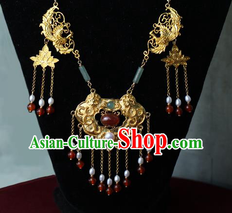 Chinese Traditional Wedding Jade Pearls Necklace Ancient Princess Agate Tassel Necklet Accessories