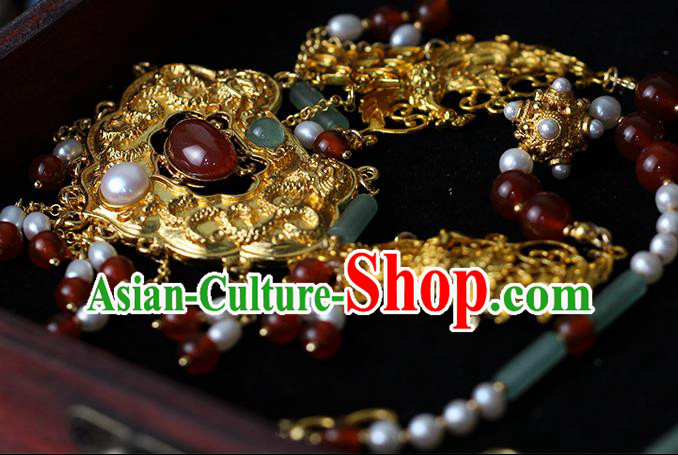 Chinese Traditional Wedding Jade Pearls Necklace Ancient Princess Agate Tassel Necklet Accessories