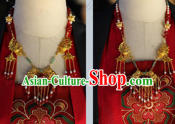 Chinese Traditional Wedding Jade Pearls Necklace Ancient Princess Agate Tassel Necklet Accessories