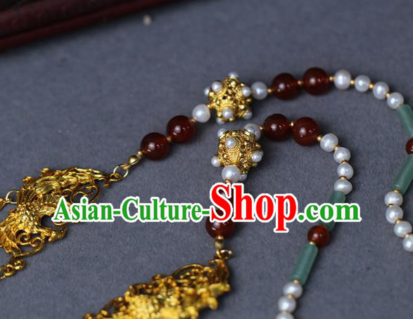 Chinese Traditional Wedding Jade Pearls Necklace Ancient Princess Agate Tassel Necklet Accessories