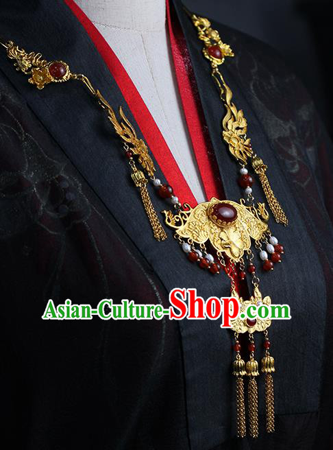 Chinese Traditional Wedding Agate Necklace Ancient Princess Golden Lotus Necklet Accessories