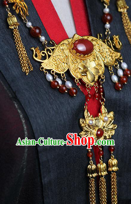 Chinese Traditional Wedding Agate Necklace Ancient Princess Golden Lotus Necklet Accessories