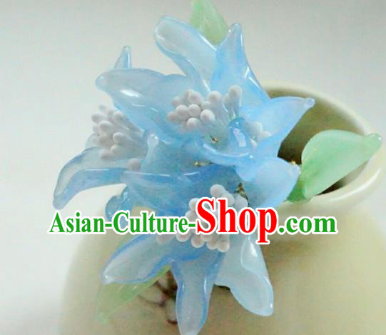 China Classical Hanfu Blue Lily Flowers Hairpin Traditional Ming Dynasty Hair Stick