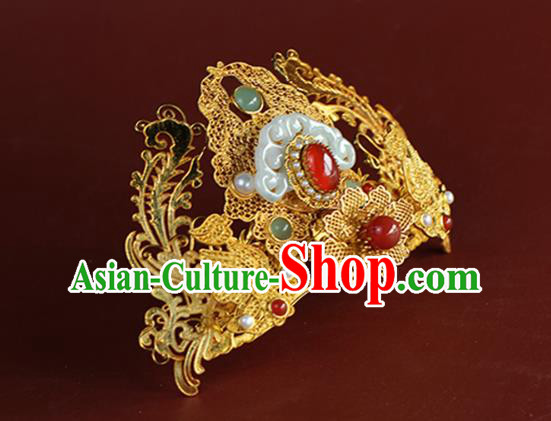 China Ancient Bride Jade Hair Crown Traditional Ming Dynasty Wedding Hair Accessories
