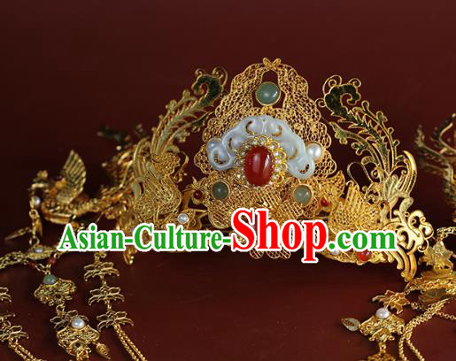 China Ancient Bride Jade Hair Crown Traditional Ming Dynasty Wedding Hair Accessories