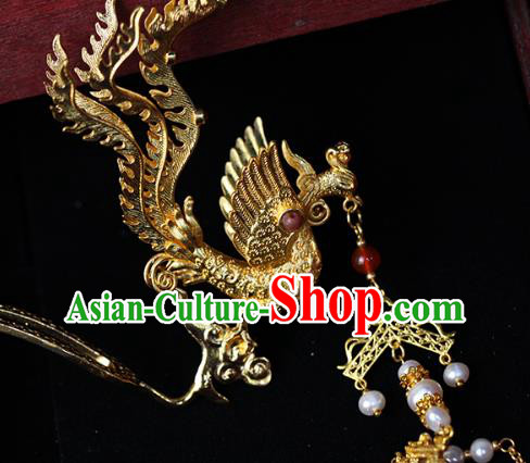 China Traditional Ming Dynasty Wedding Hair Accessories Ancient Empress Golden Phoenix Tassel Hairpin