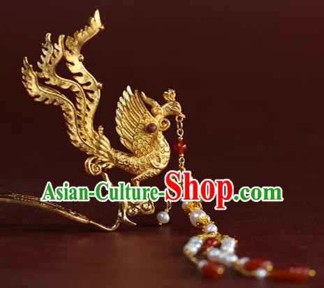 China Traditional Ming Dynasty Wedding Hair Accessories Ancient Empress Golden Phoenix Tassel Hairpin