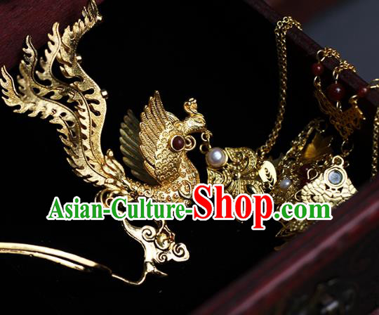 China Ancient Empress Golden Phoenix Hairpin Traditional Ming Dynasty Court Woman Hair Accessories