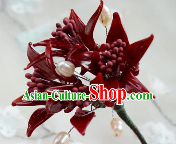 China Classical Hanfu Red Spider Lily Hairpin Traditional Ming Dynasty Flowers Hair Stick