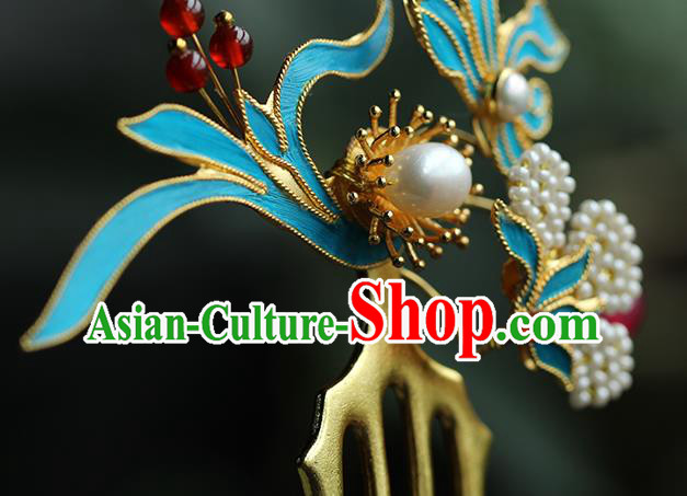 China Ancient Empress Pearls Hairpin Traditional Ming Dynasty Court Queen Orchids Hair Comb