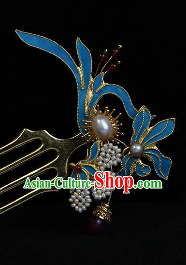 China Ancient Empress Pearls Hairpin Traditional Ming Dynasty Court Queen Orchids Hair Comb