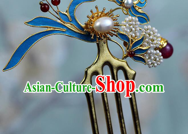 China Ancient Empress Pearls Hairpin Traditional Ming Dynasty Court Queen Orchids Hair Comb