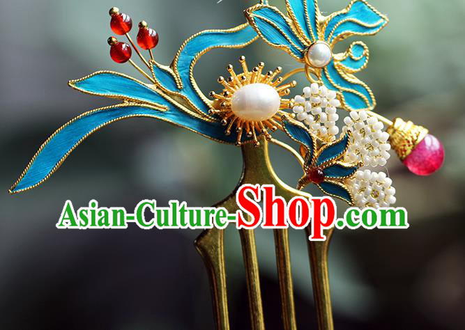 China Ancient Empress Pearls Hairpin Traditional Ming Dynasty Court Queen Orchids Hair Comb
