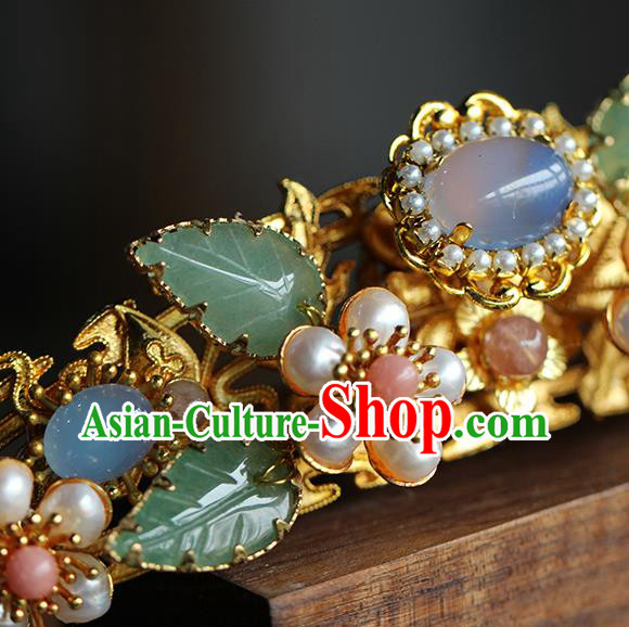 China Ancient Empress Golden Hairpin Traditional Ming Dynasty Court Queen Pearls Plum Hair Crown