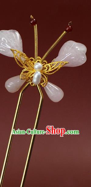 China Ancient Palace Lady Rose Quartz Butterfly Hairpin Traditional Ming Dynasty Pearl Hair Stick