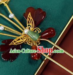 China Ancient Princess Agate Hairpin Traditional Ming Dynasty Golden Butterfly Hair Stick