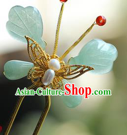 China Ancient Palace Lady Aventurine Butterfly Hairpin Traditional Ming Dynasty Princess Pearl Hair Stick