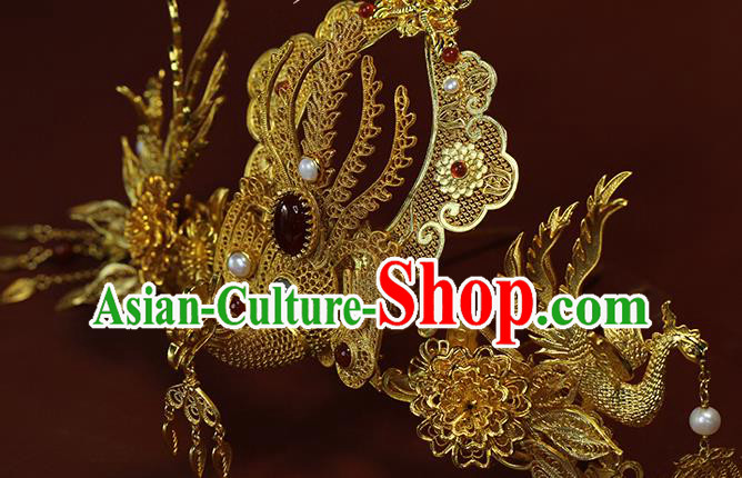 China Ancient Empress Hairpin Traditional Ming Dynasty Wedding Golden Phoenix Hair Crown