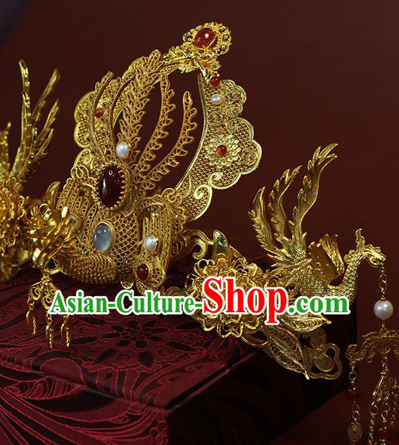 China Ancient Empress Hairpin Traditional Ming Dynasty Wedding Golden Phoenix Hair Crown