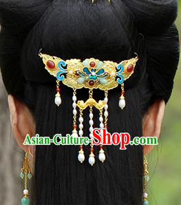 China Ancient Empress Pearls Tassel Hairpin Traditional Qing Dynasty Court Blueing Peony Hair Crown