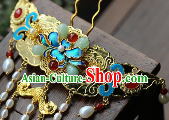 China Ancient Empress Pearls Tassel Hairpin Traditional Qing Dynasty Court Blueing Peony Hair Crown