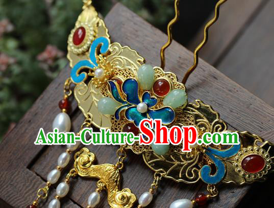 China Ancient Empress Pearls Tassel Hairpin Traditional Qing Dynasty Court Blueing Peony Hair Crown