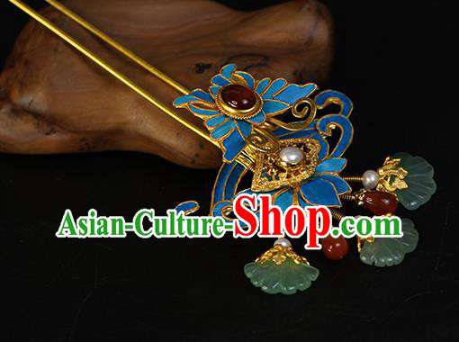 China Traditional Qing Dynasty Agate Butterfly Hair Stick Ancient Empress Pearls Hairpin