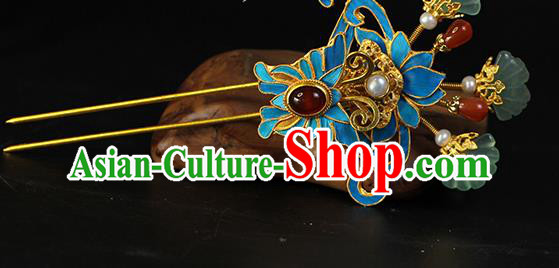 China Traditional Qing Dynasty Agate Butterfly Hair Stick Ancient Empress Pearls Hairpin