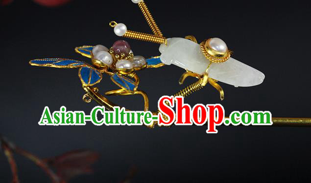China Traditional Qing Dynasty Jade Cicada Hair Stick Ancient Empress Pearls Orchid Hairpin