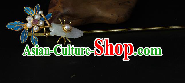 China Traditional Qing Dynasty Jade Cicada Hair Stick Ancient Empress Pearls Orchid Hairpin