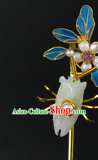 China Traditional Qing Dynasty Jade Cicada Hair Stick Ancient Empress Pearls Orchid Hairpin