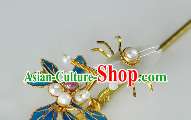 China Traditional Qing Dynasty Jade Cicada Hair Stick Ancient Empress Pearls Orchid Hairpin