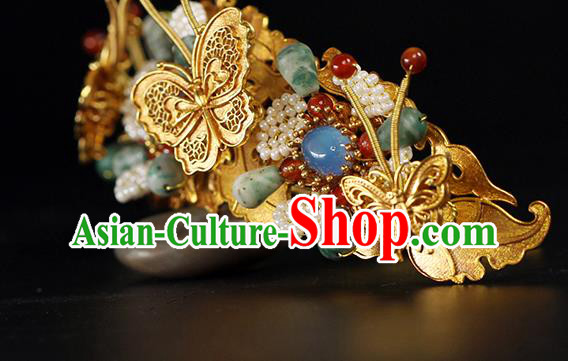 China Traditional Ming Dynasty Golden Butterfly Hair Crown Ancient Empress Gems Hairpin
