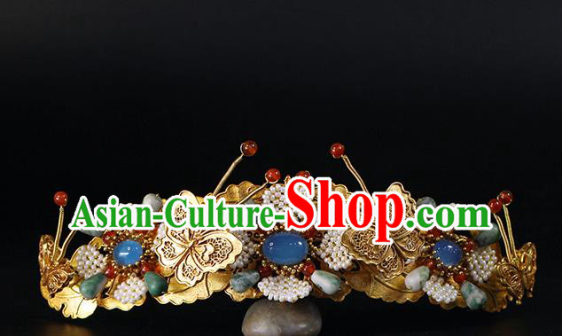 China Traditional Ming Dynasty Golden Butterfly Hair Crown Ancient Empress Gems Hairpin