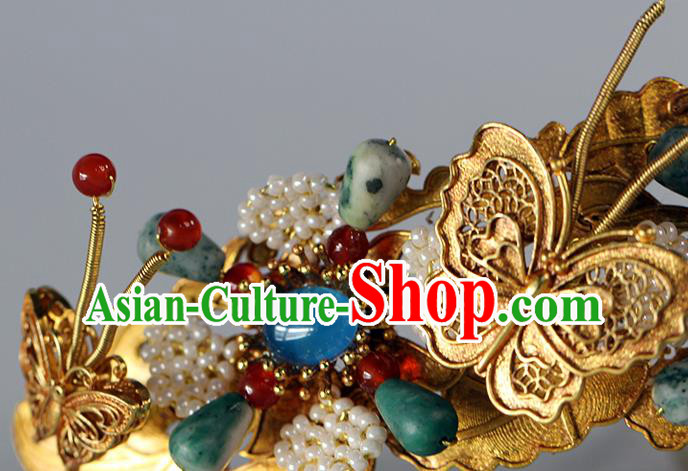 China Traditional Ming Dynasty Golden Butterfly Hair Crown Ancient Empress Gems Hairpin