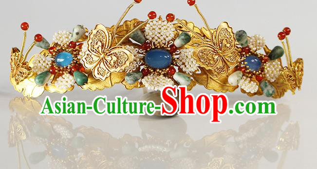 China Traditional Ming Dynasty Golden Butterfly Hair Crown Ancient Empress Gems Hairpin