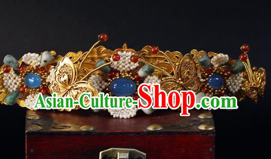 China Traditional Ming Dynasty Golden Butterfly Hair Crown Ancient Empress Gems Hairpin