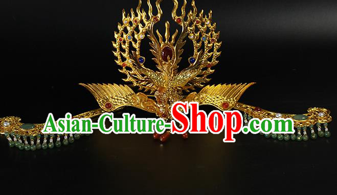 China Traditional Ming Dynasty Gems Hair Crown Ancient Empress Golden Phoenix Hairpin