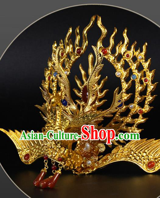 China Traditional Ming Dynasty Gems Hair Crown Ancient Empress Golden Phoenix Hairpin